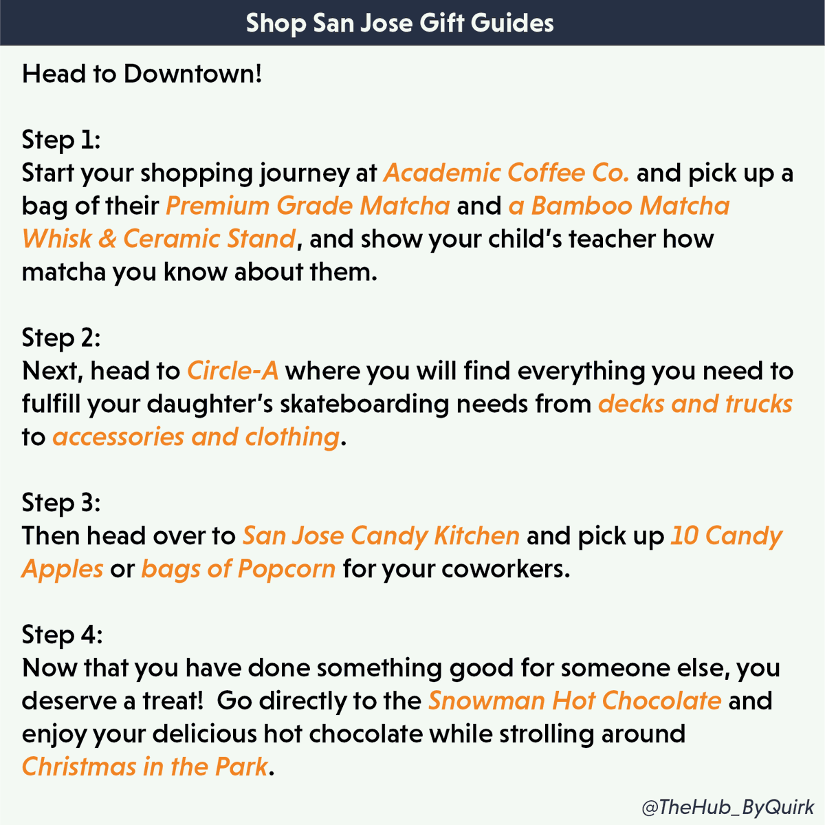 TheHub_ByQuirk's tweet photo. Are you ready for #ShopLocalSJ Gift Guide #4?  Today we'll be heading through #DowntownSJ!

@academiccoffee @sjeconomy @CMRaulPeralez @chavezformayor @SJ_Downtown #SanJose #Holidays https://t.co/zRboGZzDda