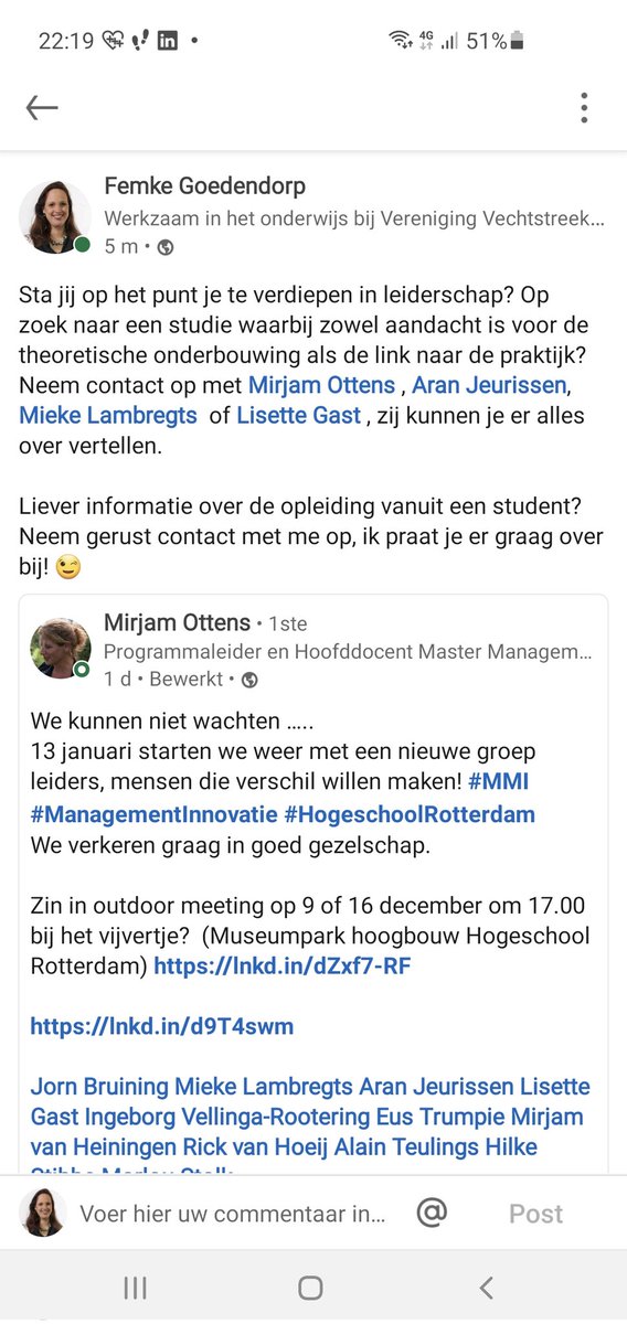 FemkeGoedendorp's tweet photo. Sta jij op het punt je te verdiepen in Leiderschap?  Op zoek naar een studie die wetenschap en theorie combineert met de praktijk? MMI bij de HAN is zeer aan te raden! In januari 2022 start er weer een nieuwe groep in Rotterdam. Meer info? 9 of 16 dec, outdoor. Wees er snel bij! https://t.co/kewGDIKm6q