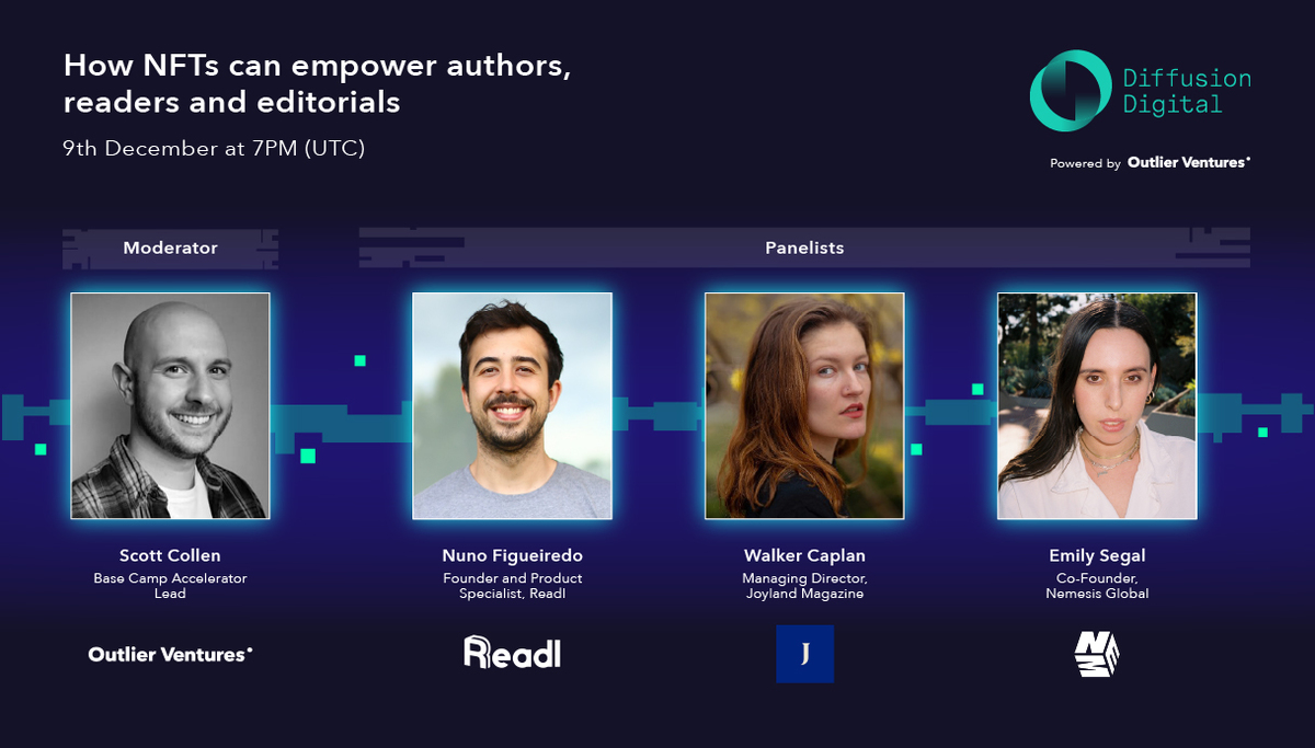 oviohq's tweet image. 🌬️Fresh panel announcement for #DiffusionDigital 

How #NFTs can empower authors, readers and editorials

Ebook #Web3disruption in 3,2,1... 🚀

📆Save the date: December 9 - 7PM UTC
📔Register: Diffusion.events
🧵👇