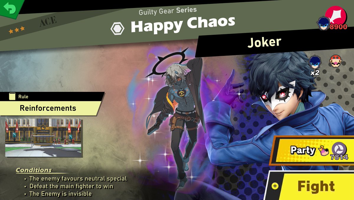 GaleemL's tweet photo. Happy Chaos Spirit

Fighter: Joker
Reinforcements: Joker x2 + (Invisible SideB) Wario
Stage: New Donk City
Song: Gaia - SAMURAI SHOWDOWN (Smash Remix)
Alt Song: Drift - Guilty Gear Strive

#GaleemSpiritLibrary #SmashBros #GuiltyGearStrive https://t.co/Gxr6OHirVl