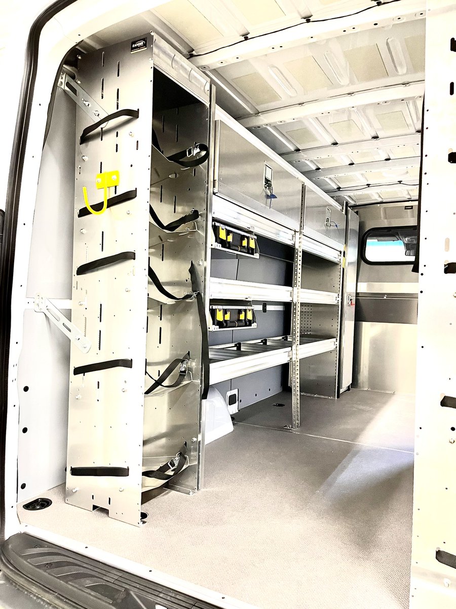 MobileColdSol's tweet image. Another 2021 @MBvansUSA Sprinter upfit with @RangerDesignInc components &amp;amp; a sliding door window. A contoured aluminum safety partition with window, shelving units with adjustable dividers, locker storage unit, locking shelving doors, partskeeper cases, bottle rack, and hook.