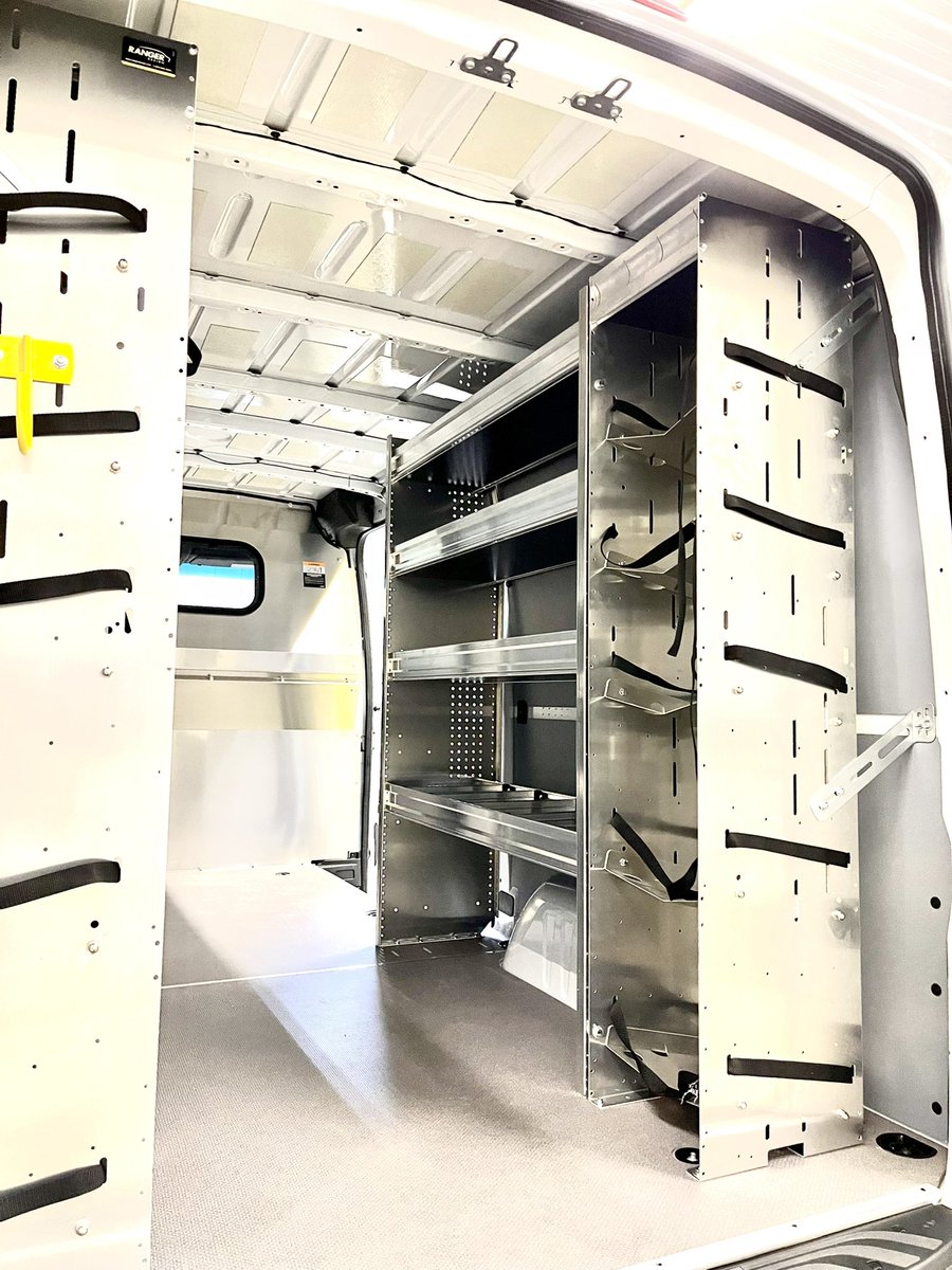 MobileColdSol's tweet image. Another 2021 @MBvansUSA Sprinter upfit with @RangerDesignInc components &amp;amp; a sliding door window. A contoured aluminum safety partition with window, shelving units with adjustable dividers, locker storage unit, locking shelving doors, partskeeper cases, bottle rack, and hook.