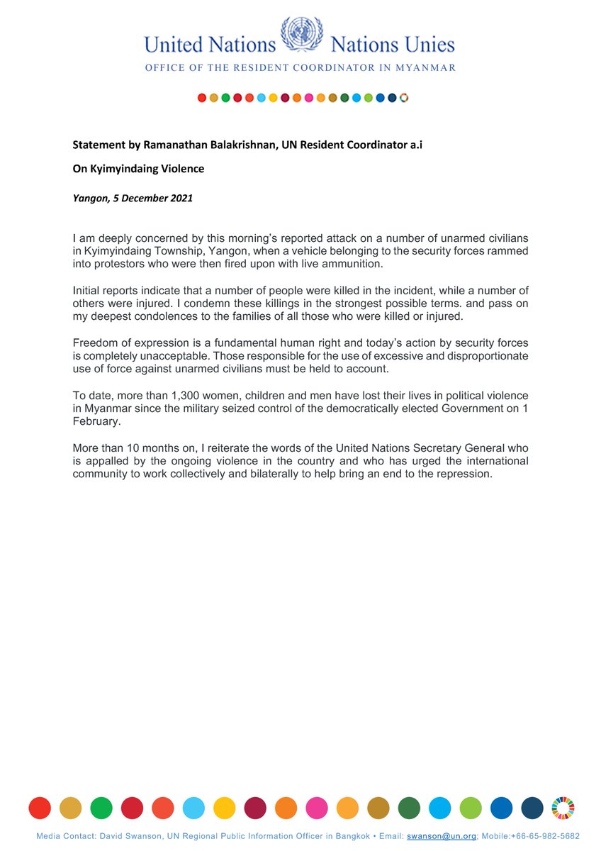 United Nations in Myanmar (@uninmyanmar) on Twitter photo The <a href="/UNinMyanmar/">United Nations in Myanmar</a> condemns this morning’s reported attack on unarmed civilians in Kyimyindaing, Yangon, in which a vehicle belonging to security forces rammed into protestors who were fired upon with live ammunition leading to deaths & injuries.
myanmar.un.org/en/161770-stat… The <a href="/UNinMyanmar/">United Nations in Myanmar</a> condemns this morning’s reported attack on unarmed civilians in Kyimyindaing, Yangon, in which a vehicle belonging to security forces rammed into protestors who were fired upon with live ammunition leading to deaths & injuries.
myanmar.un.org/en/161770-stat…