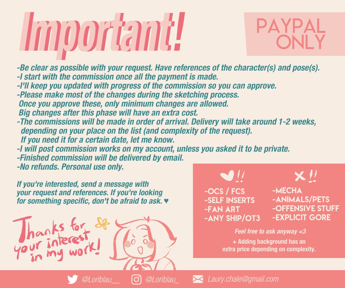Loriblau_'s tweet image. 🌺COMMISSIONS OPEN!!🌺
Feel free to DM me if interested, I&apos;ll reply as soon as possible :D Sharing helps me a lot too!

🔸5 slots available!
🔸 Paypal only

#artcommissions #commissionsopen
