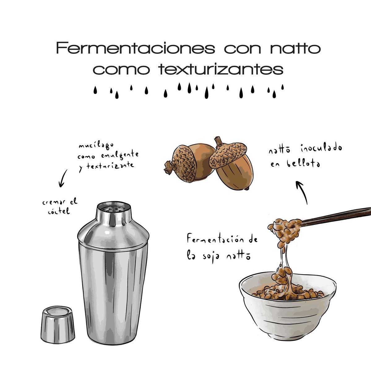 Fermentaciones con natto como texturizantes

Durante la fermentación de la soja nattō, las enzimas extracelulares producidas por la bacteria bacillus natto reaccionan con los azúcares de la soja para producir mucílagos.