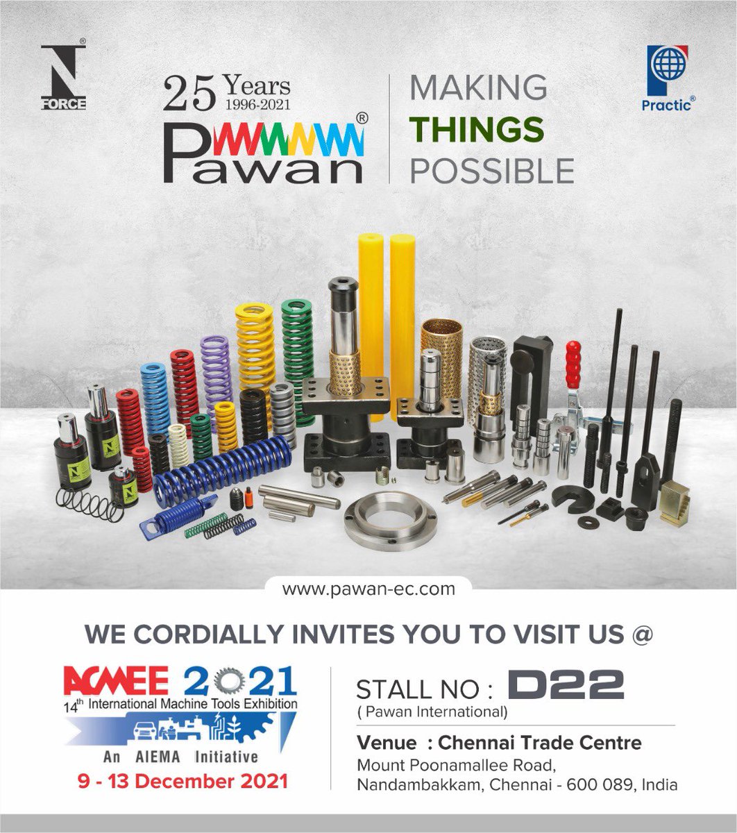 PawanGroup's tweet image. Visit us at ACMEE International Machine Tools Exhibition, Chennai from 9th to 13th December 2021.

Booth Number: D22

#PawanInternational #makingThingspossible