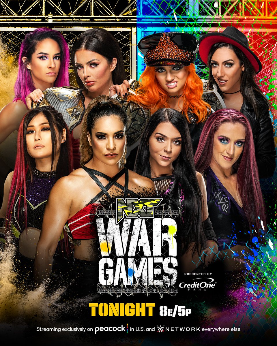 WWENXT's tweet photo. LET THE TOXIC GAMES BEGIN!

#WWENXT Women's Champion @WWE_MandyRose, @jacyjaynewwe, @gigidolin_wwe &amp; @DakotaKai_WWE battle @RaquelWWE, @CoraJadeWWE, @shirai_io &amp; @Kay_Lee_Ray inside WARGAMES at #NXTWarGames!

8E/5P
🦚 @peacockTV 
🌎 @WWENetwork 

https://t.co/k1CB7Dt2ZL https://t.co/cYl9ng511e