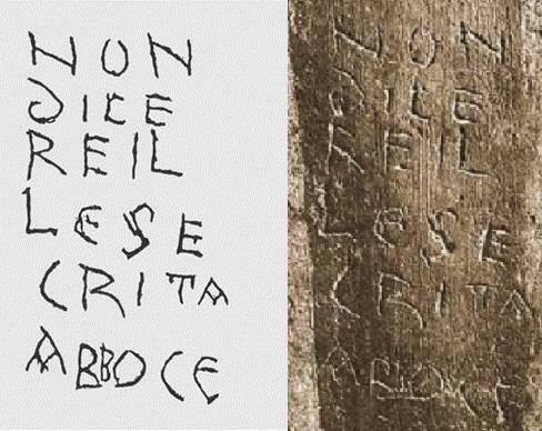 This short inscription, found in the Catacombs of Commodilla in Rome, dates to the first half of the 9th century.

It reads "NON DICERE ILLE SECRITA A BBOCE" - 'don't say the secrets out loud'.

Though brief, we can say that this isn't very late Latin, but very early Italian! 🧵