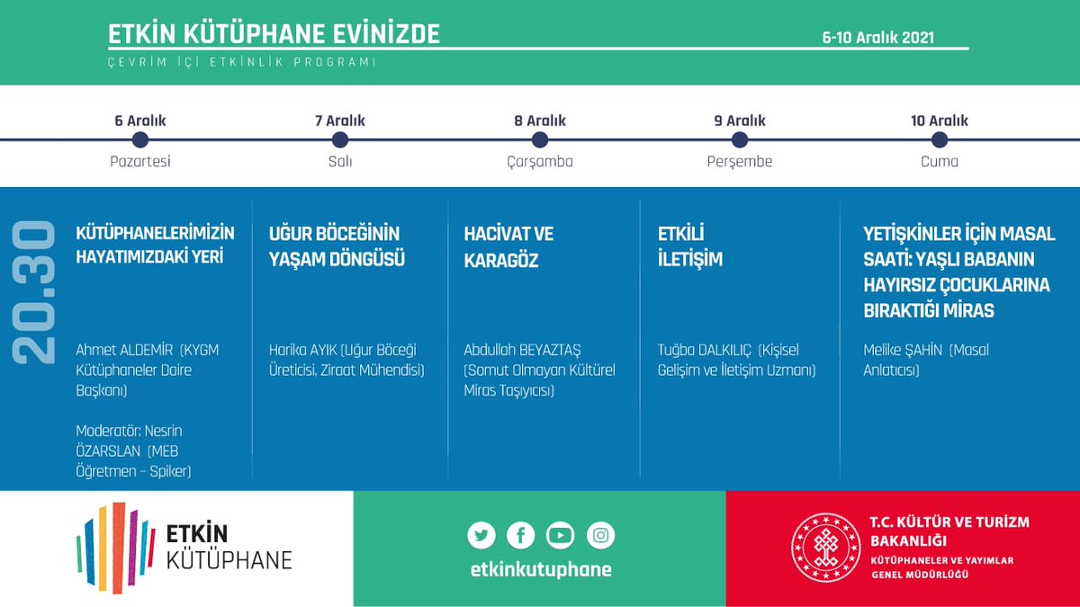“Etkin Kütüphane Evinizde” uygulamamızın bu hafta sizinle buluşacak olan programları...

<a href="/etkinkutuphane/">Etkin Kütüphane</a> 
<a href="/KTBKYGM/">KYGM</a>