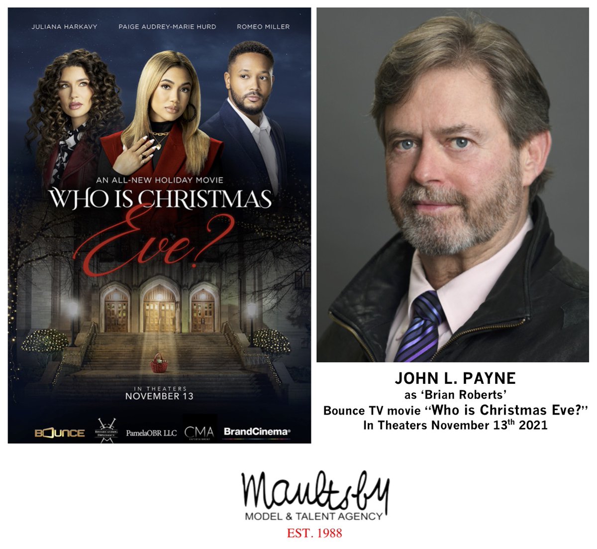 Maultsby_Talent's tweet photo. Check out Maultsby TV/Film Actor John Payne
in the Bounce TV holiday film, 'Who is Christmas Eve?'
directed by Christina Faith and written by Elyse Endick. Congratulations, John!!! #ActorLife #TEAMMAULTSBY #MaultsbyTalentAgency #whoischristmaseve 🤩 https://t.co/nT03b4jG2d