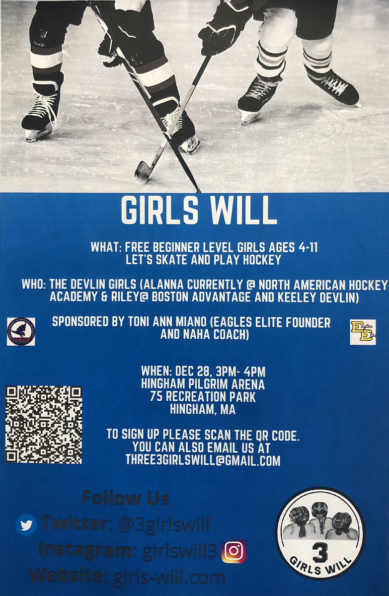 3girlswill's tweet photo. Looking forward to our next Free skate with Girls Will, December 28 at 3PM. This next session is sponsored by Eagles Elite! We will have a special appearance from Toni Ann Miano, founder of EE and Director of the North American Hockey Academy!!! Don’t miss out on some holiday fun https://t.co/dY48D6fToR