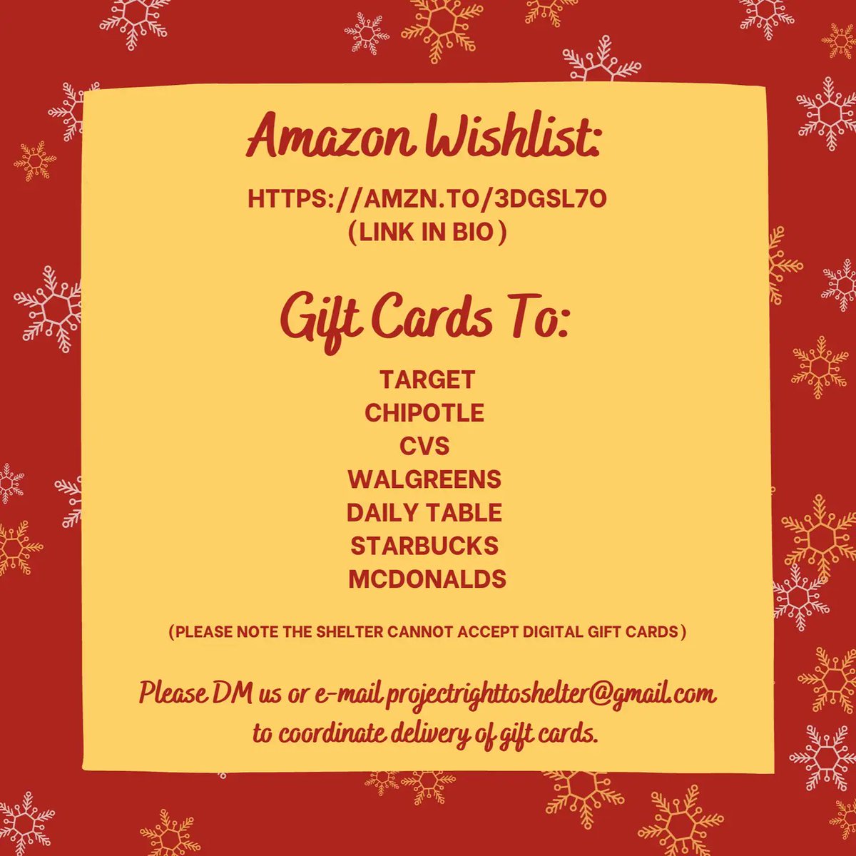 Holiday Gift Drive for Green Street Shelter!

Please join us in helping collect gifts for the residents of Green Street Shelter to make their holiday season amazing!

Amazon wishlist: amzn.to/3dgsL7O

Please e-mail us for gift card drop off.