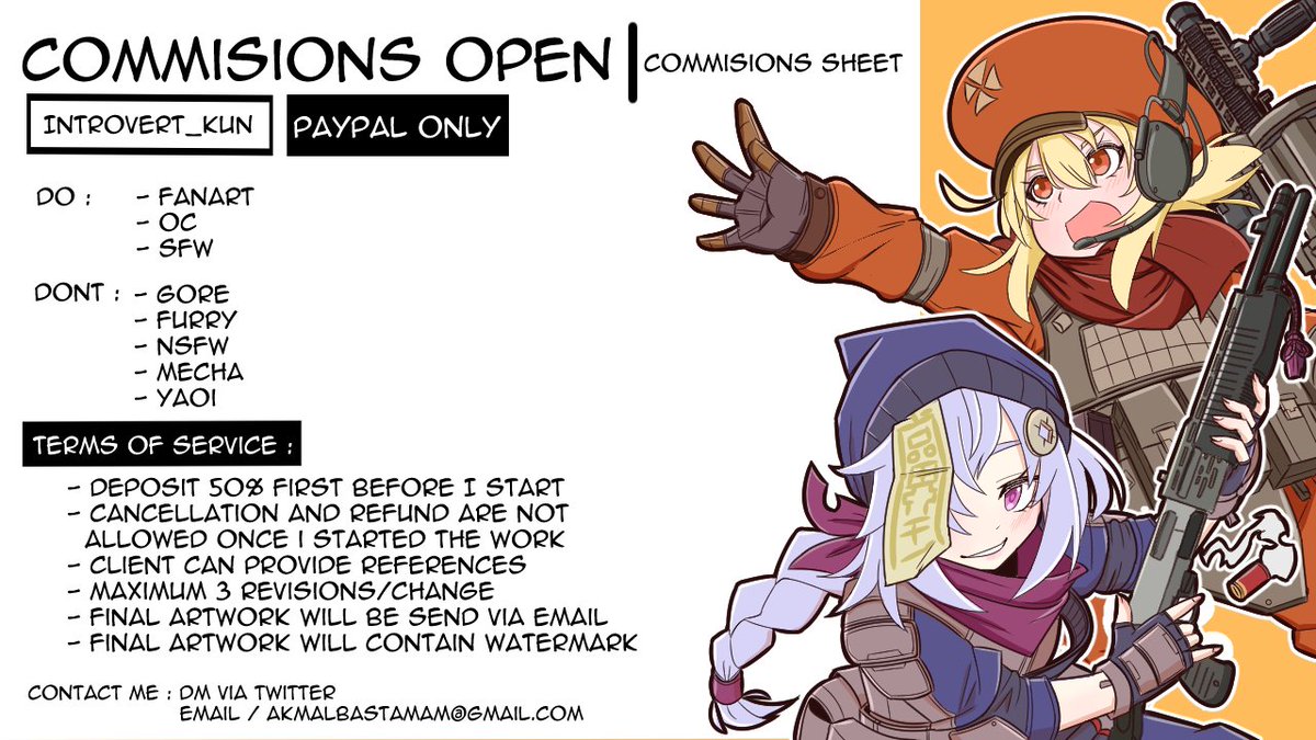 Hello, I'm open for commissions. This is my first time doing it publicly.
I want to test out the water first.

So, I'll open for 3 slots first.

If you are interested in my style, feel free to DM me.
Retweet are highly appreciated

#commissionsopen #Commission #CommissionSheet 