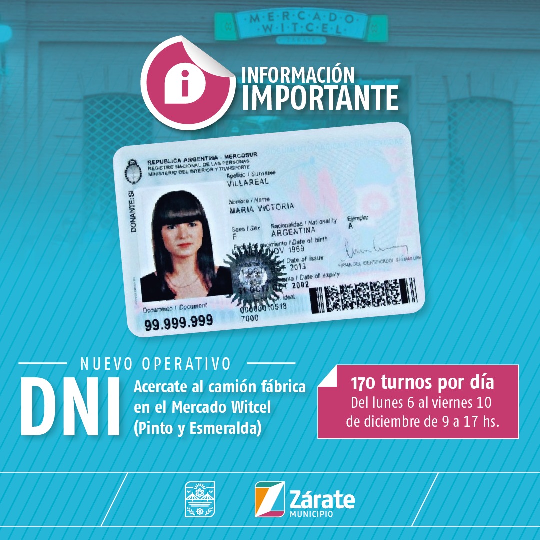 MuniZARATE's tweet photo. ℹ️ #InformaciónImportante | Nuevo Opetarivo DNI 💳✨

👉🏽A partir de este lunes 6 de diciembre y hasta el viernes 10 en #MercadoWitcel (Pinto y Esmeralda) se realizará un nuevo operativo de confección de DNI.

✔️Se entregarán 170 turnos por día y atenderán de 9 a 17hs. https://t.co/NvYWKMzdfN