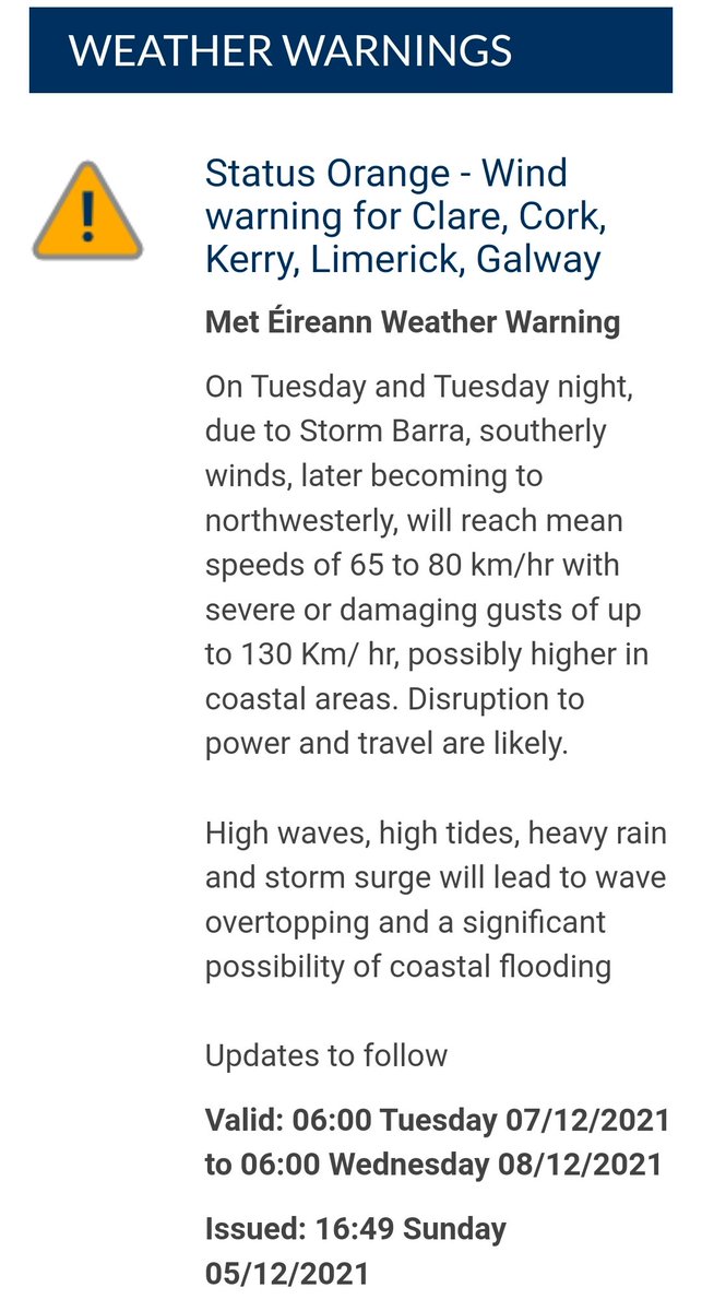 Kerry Civil Defence (@kycivildefence) on Twitter photo 🟠 Status Orange Weather Warning 🟠
Met Éireann have issued the following weather warning for Tuesday & Tuesday night that includes Co. Kerry.
<a href="/countykerry/">Kerry County Council - Comhairle Contae Chiarraí</a> <a href="/MetEireann/">Met Éireann</a> 🟠 Status Orange Weather Warning 🟠
Met Éireann have issued the following weather warning for Tuesday & Tuesday night that includes Co. Kerry.
<a href="/countykerry/">Kerry County Council - Comhairle Contae Chiarraí</a> <a href="/MetEireann/">Met Éireann</a>