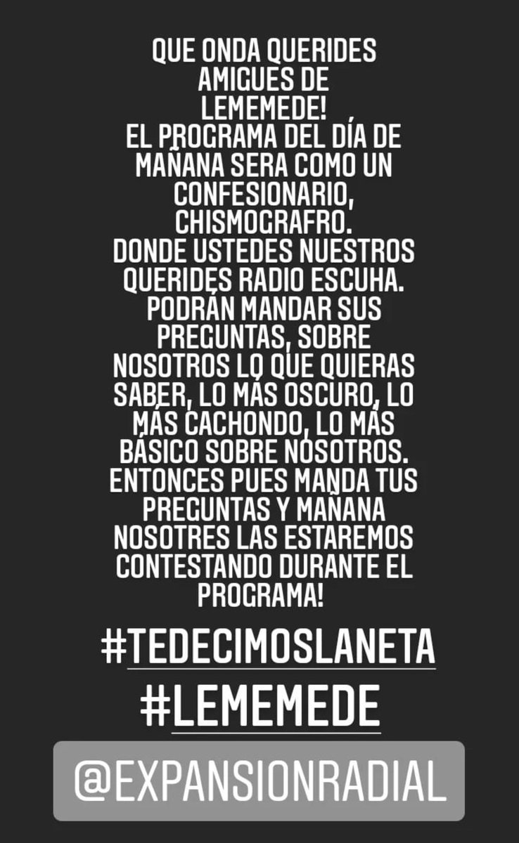 lememede03's tweet photo. Gente de #lememede no olviden sintonizarnos hoy, en punto de las 8 de la noche a través de @ExpansionRadial #tedecimoslaneta ¡Manden sus dudas, preguntas, chismes! https://t.co/sffTfrsm4V