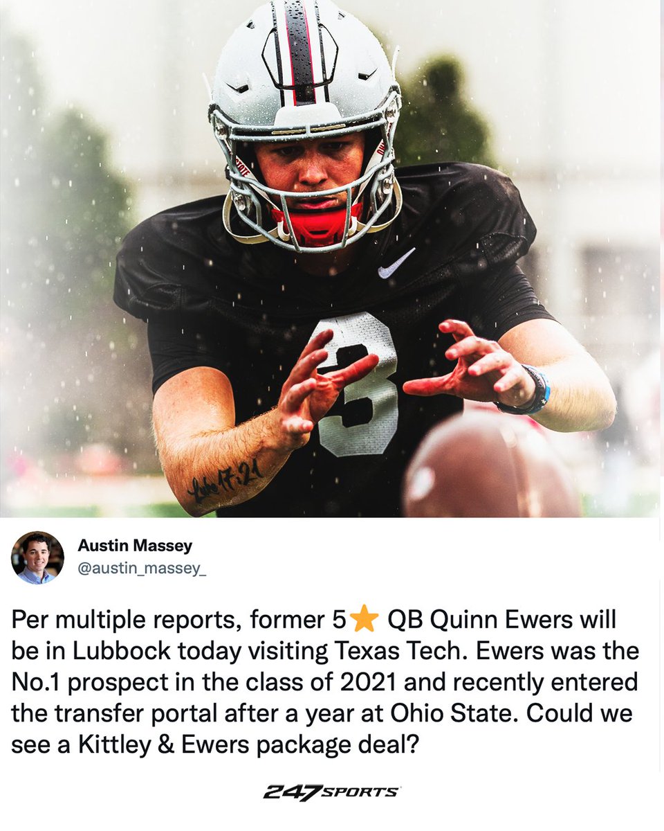247Sports's tweet photo. Ohio State transfer QB Quinn Ewers is visiting Texas Tech today, per @austin_massey_.

Ewers was the No. 1 player in the class of 2021. https://t.co/uBxCCnJ2lO