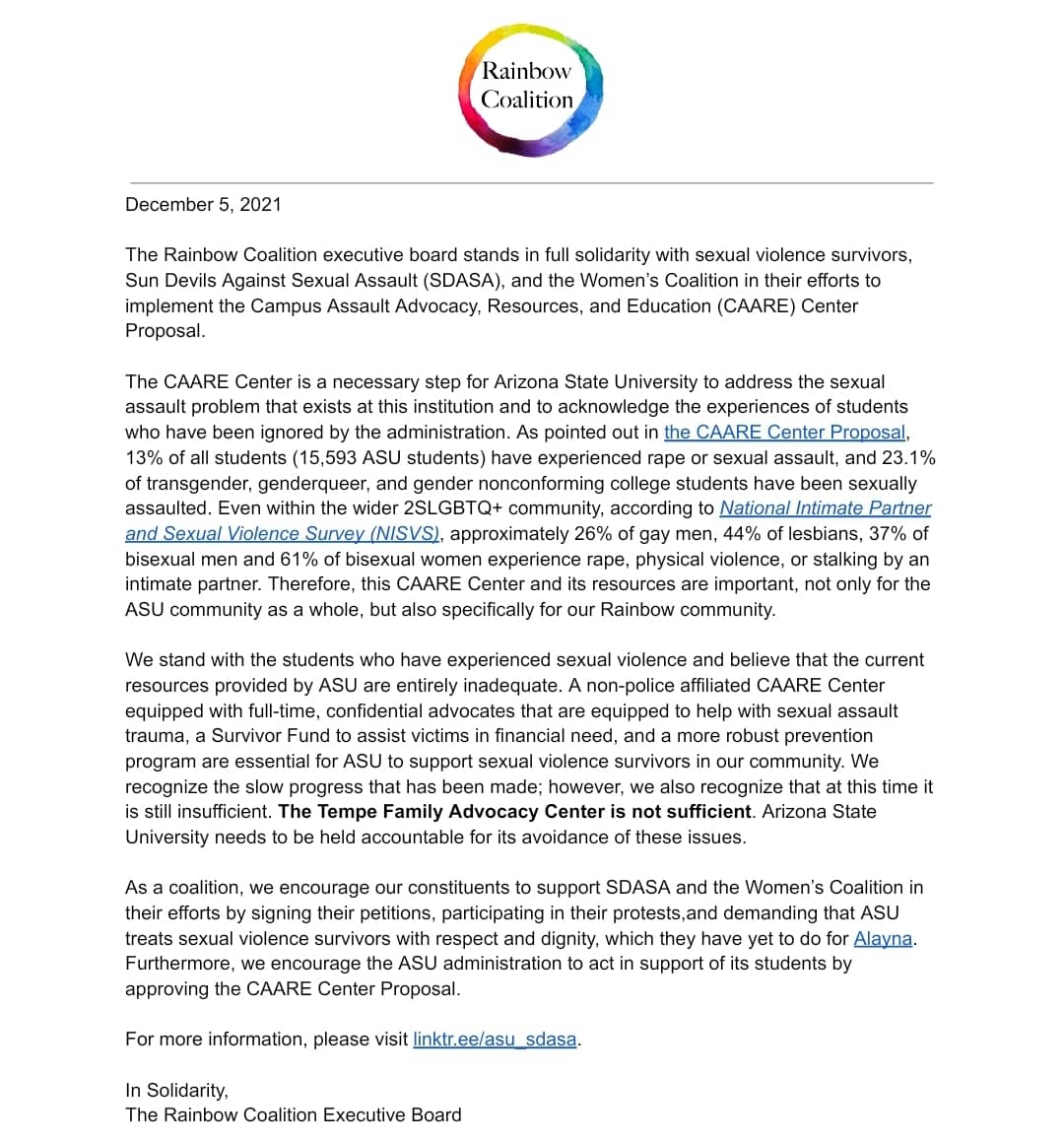 ASURainbowCo's tweet photo. The Rainbow Coalition eboard stands in solidarity with @asu_sdasa and @asuwomensco in calling for #ASU to invest in the CAARE Center and to give the proper resources to protect survivors of sexual violence.
#CaareCenterNow #JusticeForAlayna
#MeTooAsu
Doc: https://t.co/tHzF4srw0C https://t.co/MU1099whCu