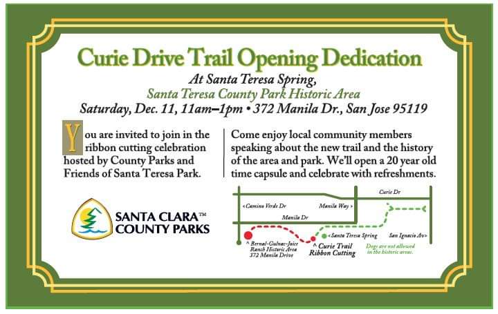 SCCParks's tweet image. Curie Drive Trail Opening Dedication
Saturday, Dec. 11 from 11am to 3pm 
We&apos;ll open a 20 year old time capsule and celebrate with refreshments. The event will take place at Santa Teresa Spring located in Santa Teresa County Park Historic Area, 372 Manila Drive, San Jose.