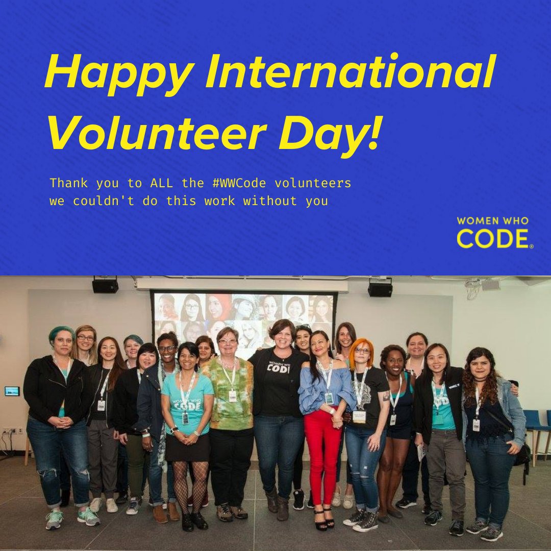 WomenWhoCode's tweet photo. It's International Volunteer Day! Thank you to ALL the #WomenWhoCode volunteers. We couldn't do this work without you 😍.  

#volunteernow
#wwcode
#womenintech
#thankyou
#thankfulforyou https://t.co/LsU6qYYNWU