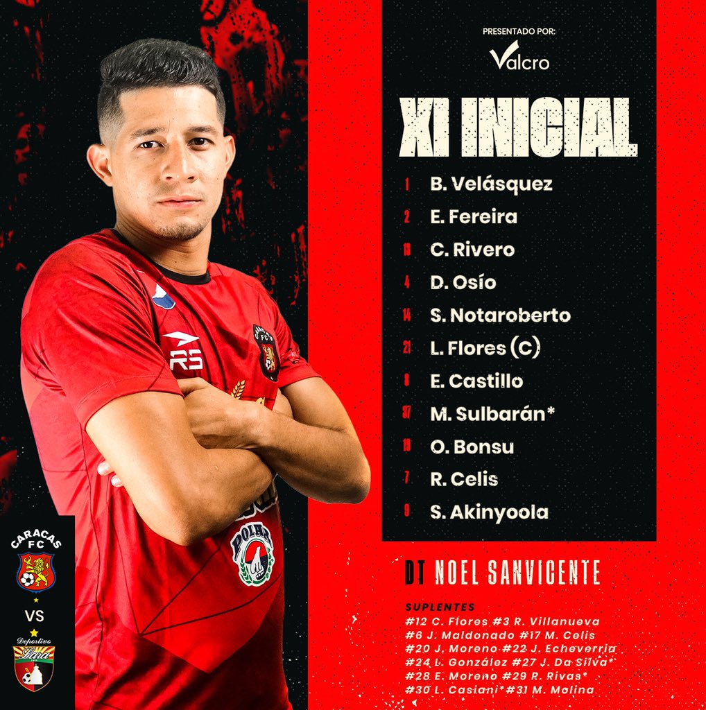 Caracas_FC's tweet photo. #LigaFUTVE | Fase Final A | J10 |  ¡Así alineamos esta tarde frente a @DeportivoLara ! 🔴⚫️ #SomosCaracas https://t.co/y8mRrnuZEi