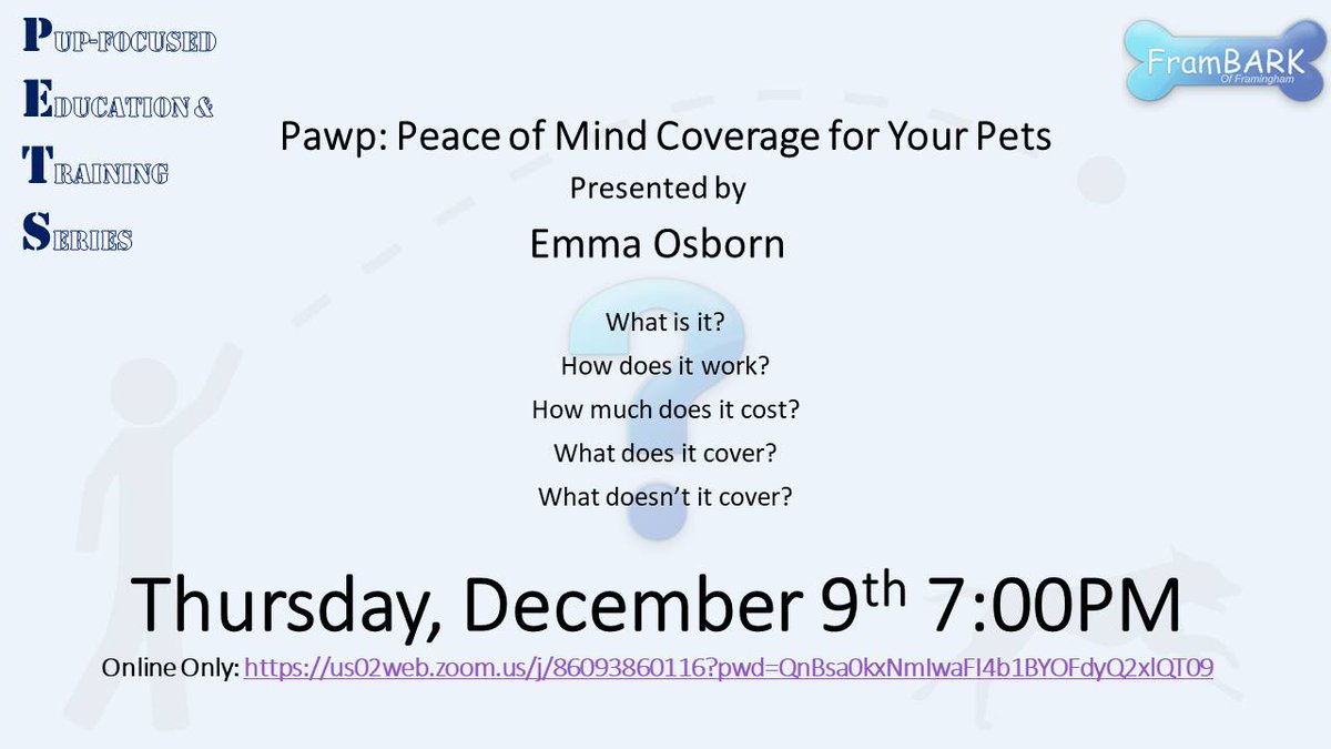 Open to all!  If you have a pet, tune in Thursday for this great PETS Talk from Emma Osborn to learn about Pawp peace of mind coverage for your pets!  fb.me/e/1NF5eJetr