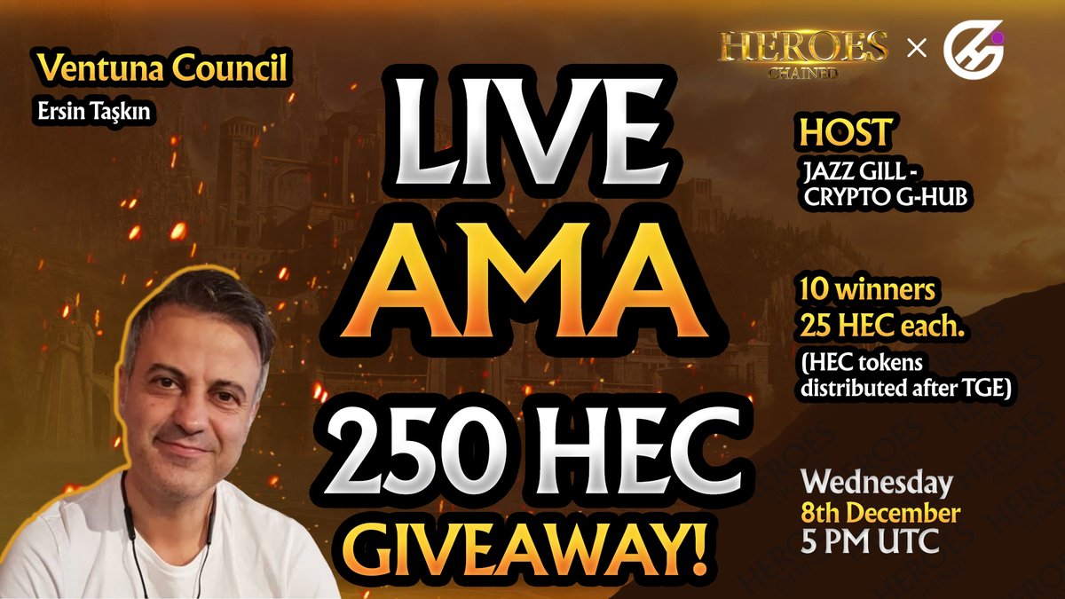 HeroesChained's tweet photo. We are hosting another LIVE YouTube AMA with a Ruler of Ventuna: @Ersin_TASKIN the CTO and Co-Founder of #HeroesChained!⚔️

📅: 8th of December
⌚️: 5 PM UTC 

🎁Make sure to join our 250 $HEC #giveaway through 

🔗Link: https://t.co/Gr6GqgJf2N https://t.co/DlcE5RTJE6