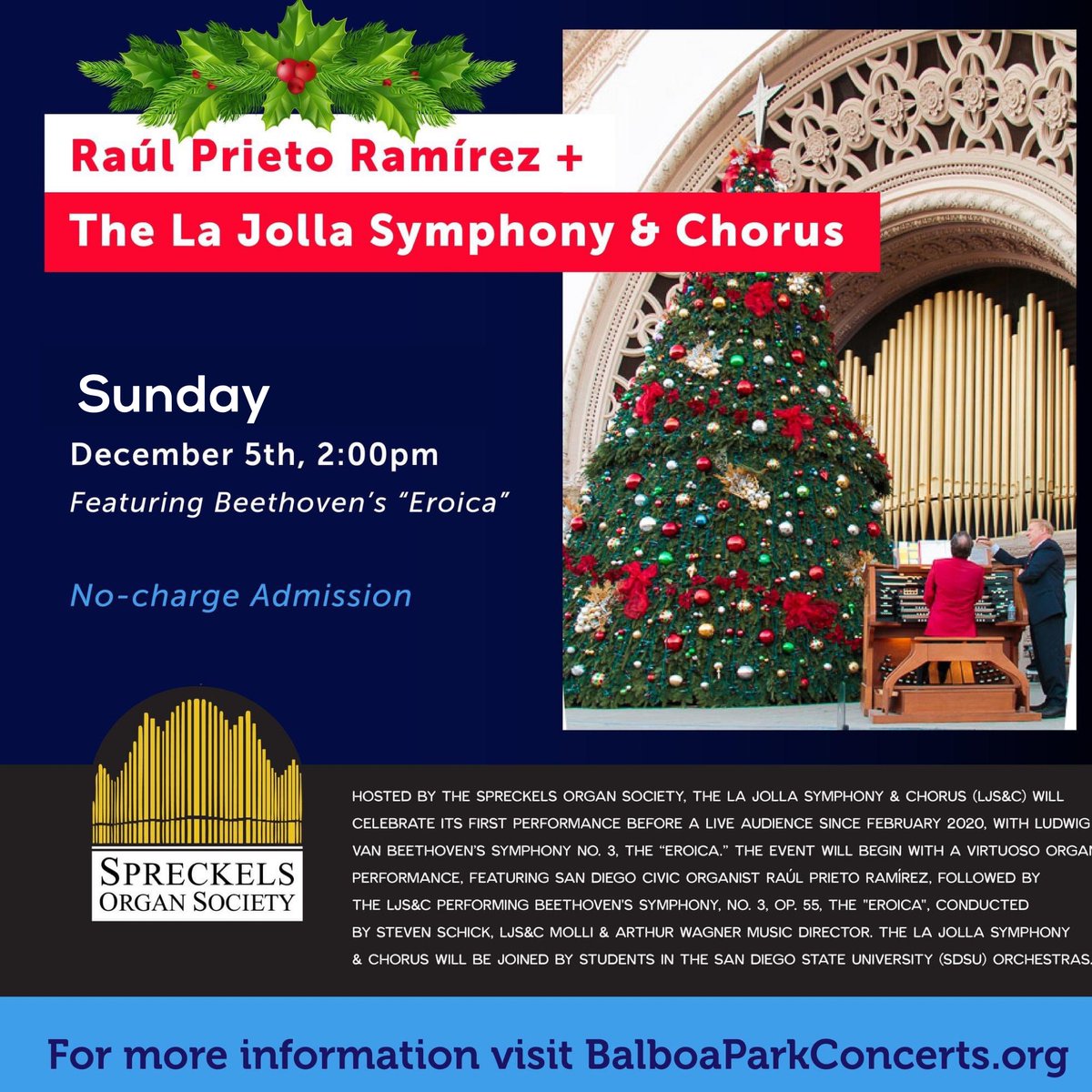 Join us today at 2:00pm, the La Jolla Symphony &amp; Chorus (LJS&amp;C) will celebrate its first performance before a live audience since Feb. 2020. 
Join us for this Special Christmas Concert, hosted by the Spreckels Organ Society, with no charge admission (free and open to the public)!