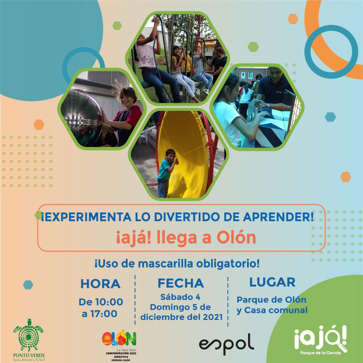 FCNM_Espol's tweet photo. ¡Recordamos a la comunidad que este fin de semana @aja_espol está en Olón! Niños y jóvenes de esta comuna pueden divertirse aprendiendo con los experimentos y exhibiciones interactivas. Hoy de 10H00 a 17H00 en el parque y en la casa comunal de esta población. #ESPOLesCiencia 🔬 https://t.co/r1VLidWaBu