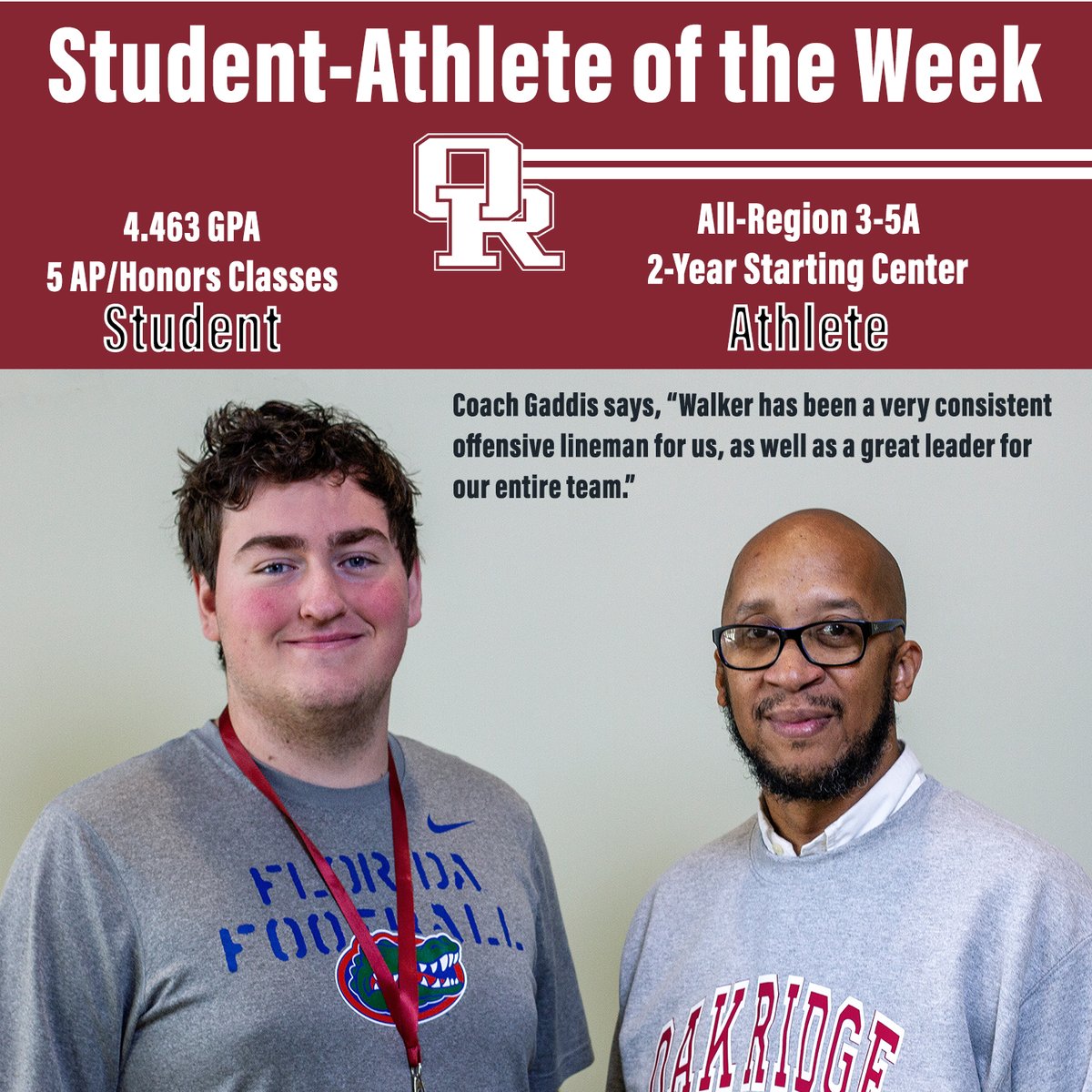 Walker Rice is an All-Region center for <a href="/ORHSWildcats/">OakRidgeWildcatFootball</a> and an A+ student who takes some tough AP classes. He's our Student-Athlete of the Week this week.
🏈🌟 +🧮🧪🌟