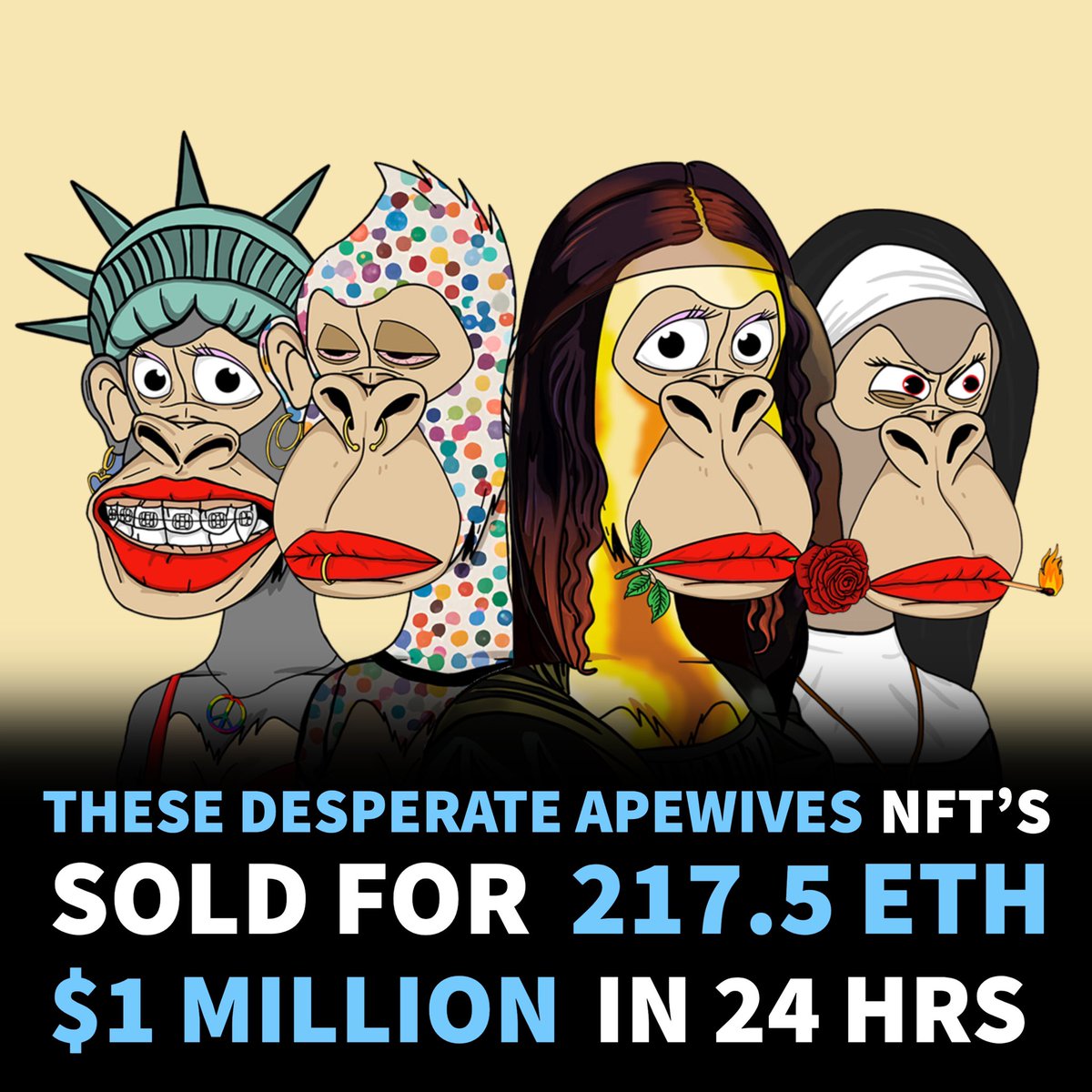 DApeWives's tweet photo. These four Desperate Apewives NFT’s sold for 217.5 ETH combined or $1 MILLION  in a 24 HOUR PERIOD.
-
#nfts #nft #digitalart #art #cryptoart #artist #raredigitalart #ethereum #artoftheday #cryptoartist #blockchain #nftcollector #desperateapewives https://t.co/QSGm57GKPt