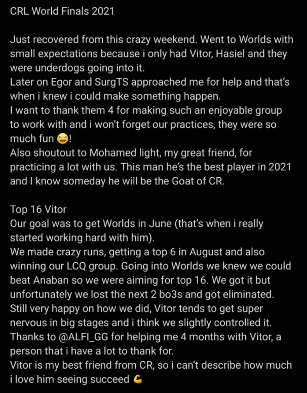 xJebuz's tweet photo. Sorry for my bad English.
The best group of players i ever worked with.
Thanks @Vitor75u @Hasiel19_CR @Surg_Ts @hazard003_  , proud of all of you 🧙‍♂️👬.
Thanks @MasterCR_ for being the best analyst in the World ❤️

I don't know what 2022 holds for me, but i will never give up! https://t.co/hDiCBW4jJD