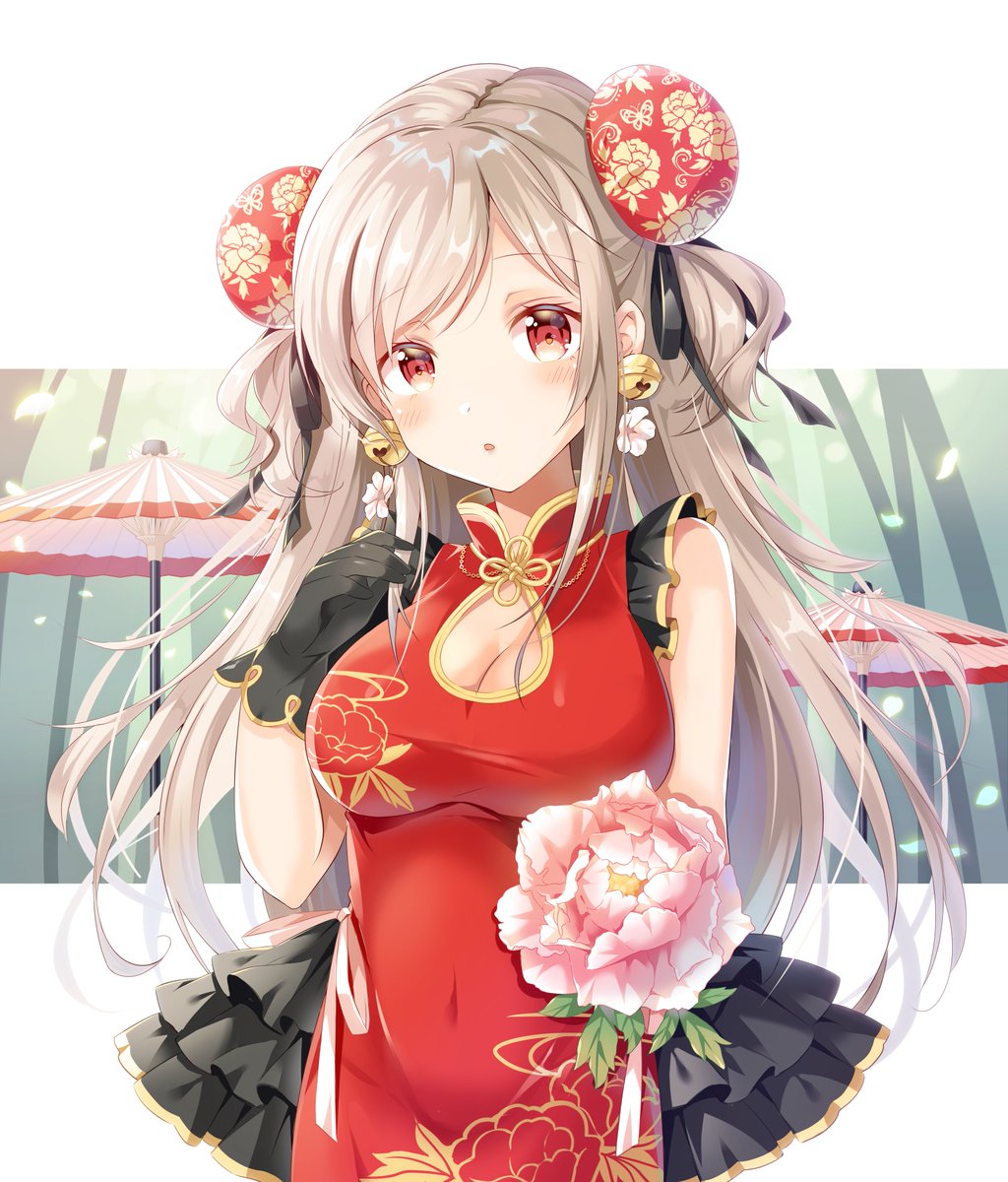 nidu4s's tweet photo. https://t.co/alroyDlWav #original #shiro_kuma_shake #single #long_hair #tall_image #looking_at_viewer #blush #fringe #highres #breasts #open_mouth #simple_background #red_eyes #white_background #standing #holding #cleavage #silver_hair #absurdres #traditional_clothes #arm_up https://t.co/meBicv9qFs