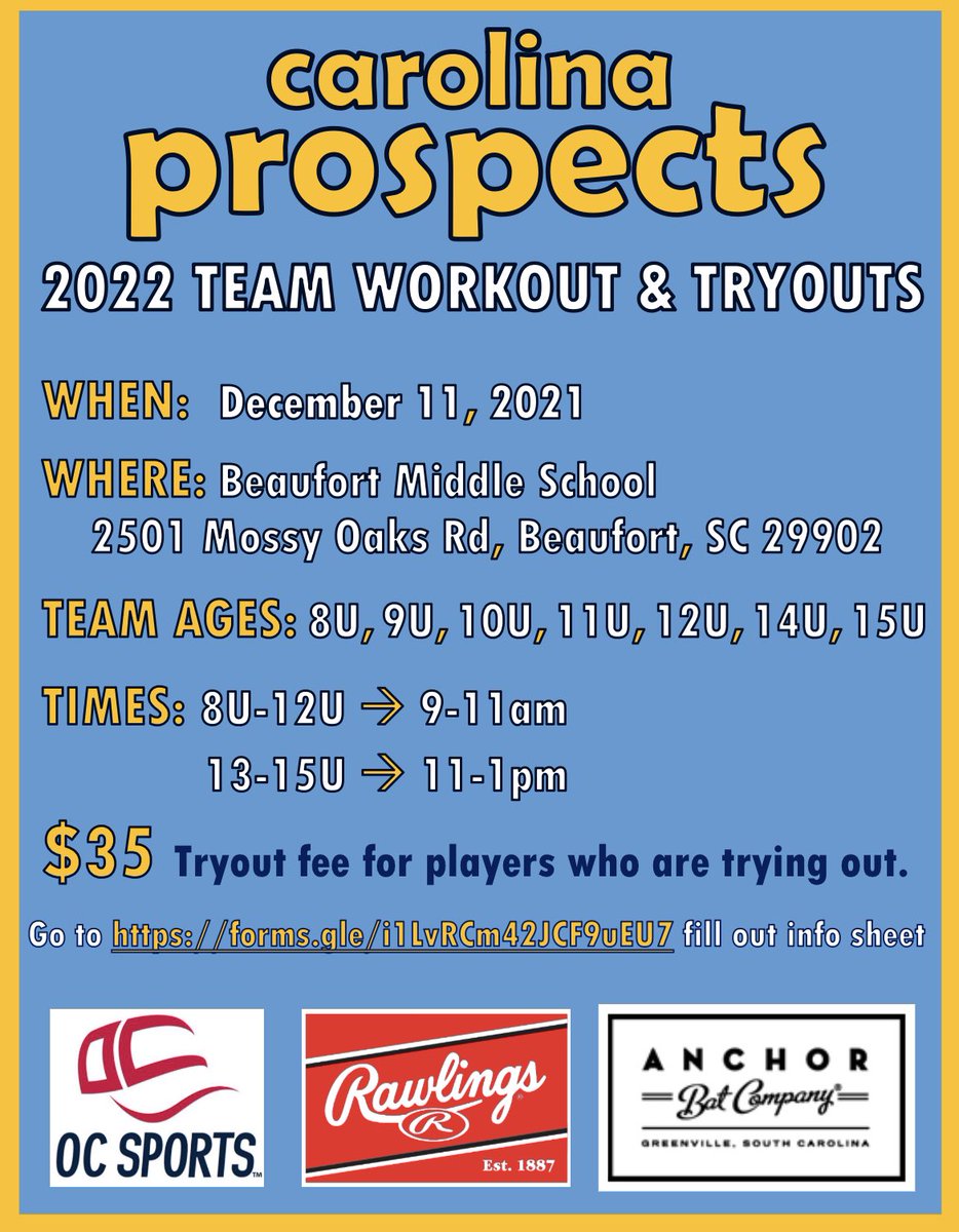 Attn: Beaufort, HH, Bluffton areas &amp; 👀 4 travel ⚾️ organization. 1 focused on player development &amp; good coaching… Got 1 4u! On 12/11, Carolina Prospects of Beaufort will have team workouts &amp; tryouts. Please click on this link forms.gle/i1LvRCm42JCF9u… to fill out the form.