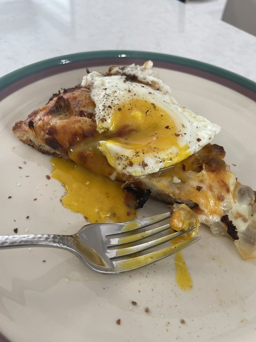 gartz_'s tweet photo. @dominos Reheat heaven: Put pizza in dry non-stick skillet with lid. Meanwhile, fry an egg. 
mwah 🤌 https://t.co/9bmAEWeoPD