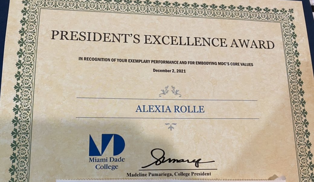 LexRolle's tweet photo. Grateful to have been honored the @MDCollege President’s Excellence Award. Thank you President Pumariega and Provost Harrison for creating a culture of care. 

Thank you to my supervisor Dr. Ovueraye and my CTE team for the nomination. Never content! Still going! But God! https://t.co/241kl8pxWr