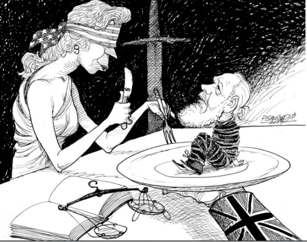 Picture of justice with her eyes covered dining on a trussed up Assange 