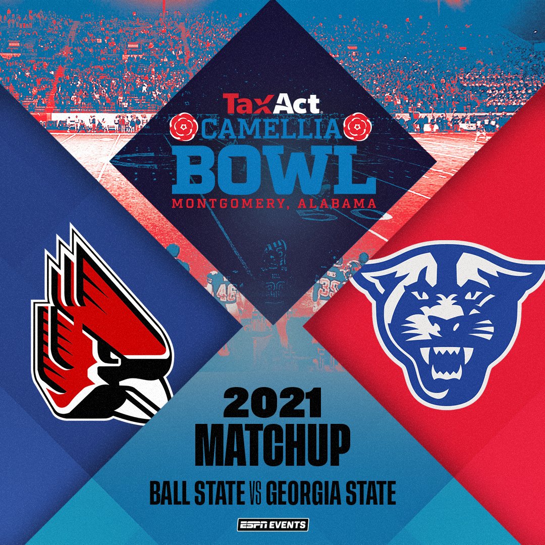 Salute2VetsBowl's tweet image. 🚨 IT’S OFFICIAL 🚨

The 2021 @TaxAct Camellia Bowl matchup has been set between @BallStateFB and @GeorgiaStateFB! See you in Montgomery on Christmas Day!

⏰: 1:30 CST
📺: @espn
📍: Historic Cramton Bowl
#HistoryHappensHere
#BowlSeason #ESPNEvents
#WeFly #SoundTheHorn