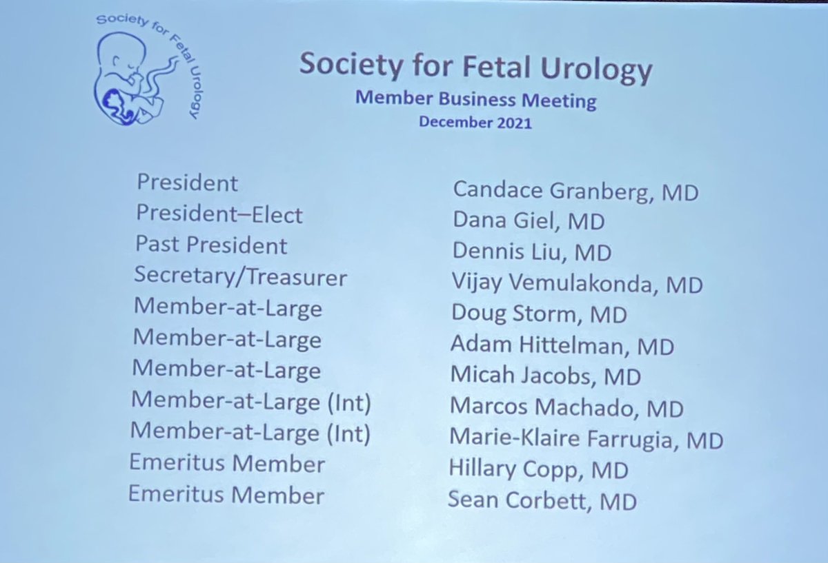 Society for Fetal Urology (@fetalurology) on Twitter photo That’s a wrap on <a href="/SPU_Urology/">SPU_Urology</a> #SPU2021!
Here’s the slate of <a href="/FetalUrology/">Society for Fetal Urology</a> officers for the next cycle:
Pres: <a href="/candacegranberg/">Candace Granberg, MD</a>
Pres-elect: <a href="/dana_giel/">Dana Giel, MD</a>
Secy/Tr: <a href="/VVemulakonda/">Vijaya Vemulakonda</a>
M-A-L: <a href="/storm_doug/">Doug Storm</a>, <a href="/AdamHittelman/">adam hittelman</a>, Jacobs, <a href="/machadouroped/">Marcos Giannetti Machado, MD</a>, <a href="/ChelseaDrMK/">Marie-Klaire Farrugia</a>
Thanks to past officers! That’s a wrap on <a href="/SPU_Urology/">SPU_Urology</a> #SPU2021!
Here’s the slate of <a href="/FetalUrology/">Society for Fetal Urology</a> officers for the next cycle:
Pres: <a href="/candacegranberg/">Candace Granberg, MD</a>
Pres-elect: <a href="/dana_giel/">Dana Giel, MD</a>
Secy/Tr: <a href="/VVemulakonda/">Vijaya Vemulakonda</a>
M-A-L: <a href="/storm_doug/">Doug Storm</a>, <a href="/AdamHittelman/">adam hittelman</a>, Jacobs, <a href="/machadouroped/">Marcos Giannetti Machado, MD</a>, <a href="/ChelseaDrMK/">Marie-Klaire Farrugia</a>
Thanks to past officers!