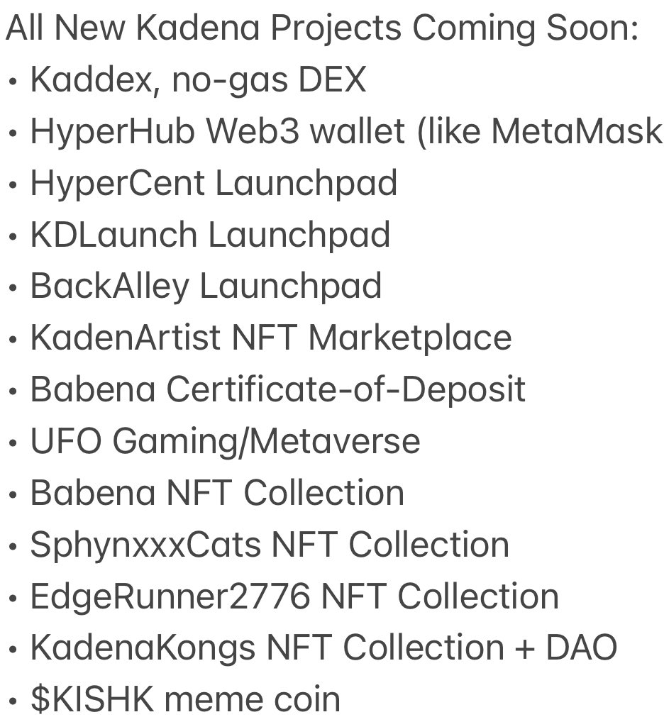 kadenians's tweet photo. Main
@KaddeXofficial 
@hyperhub2space 
@hypercentpad 
@KdLaunch 
@backalleyio
@KadenArtist 
@Thanos8912
@TheUFOtoken 

NFTs
@babena_io
@SphynxxxCats 
@Edgerunner2776 
@KadenaKongs 

Meme coin
@Shikoku_kda https://t.co/TVdFGoKNQN