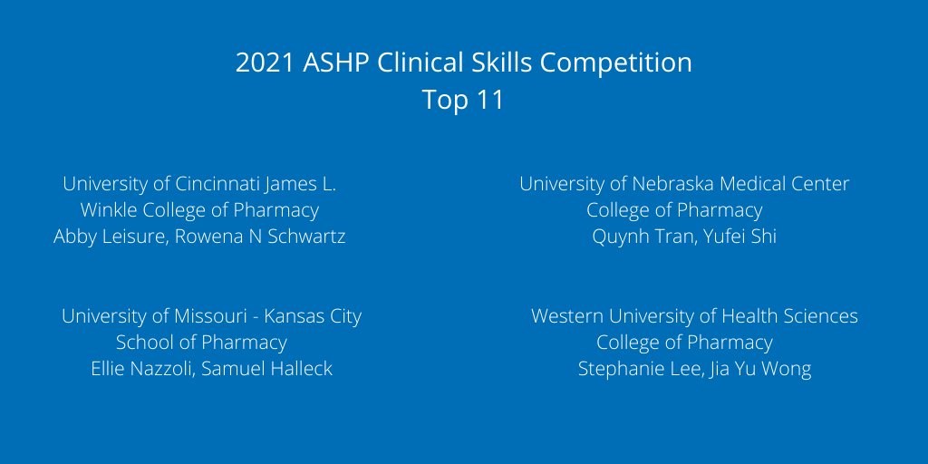 ASHPOfficial's tweet photo. Congratulations to the Top 11 teams who’ve advanced to the final round of our 2021 Clinical Skills Competition! The final round is happening today. #ASHP21 https://t.co/LM0f13bmLE