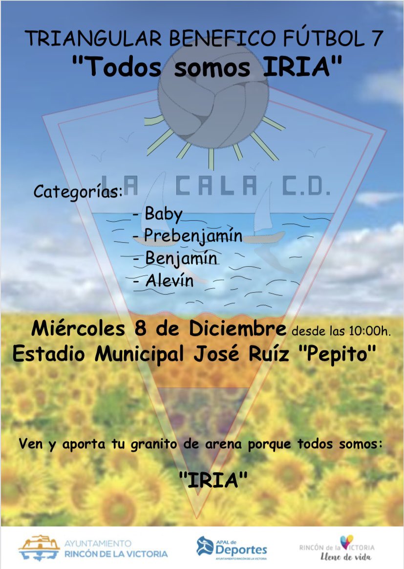 ‼️El próximo MIÉRCOLES día 8 de DICIEMBRE estaremos presentes apoyando una buena causa en un Torneo benefico que organiza la <a href="/calacd/">La Cala C.D.</a> ‼️<a href="/deportesrinconv/">DeportesAytoRincon</a> <a href="/ajmartinrincon/">Antonio José Martín</a> <a href="/aytorincon/">Ayto Rincón Victoria</a>