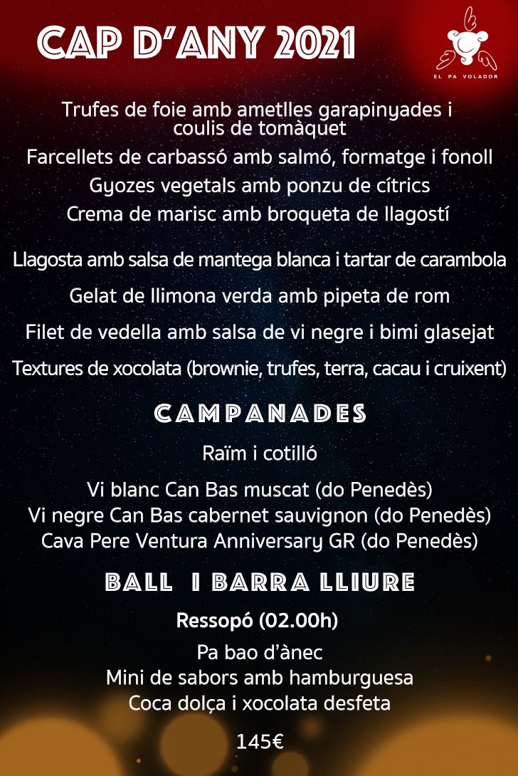 VoladorPa's tweet photo. #revetlla #capdany2021 #nadal2021 #pavoladorestaurant #menudeluxe #ball #barralliure #sopardegala #vilatenim #figueres https://t.co/XKIzSIj5aN