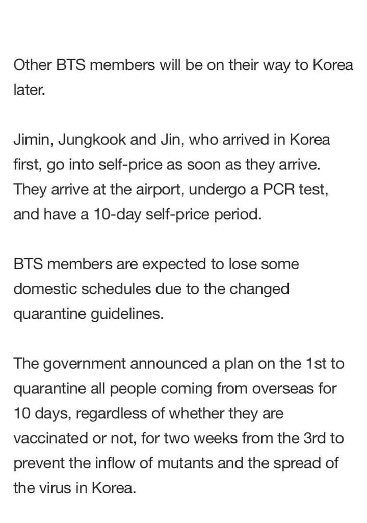 btsforever0213's tweet photo. .@BTS_twt Jin, Jimin and Jungkook to reportedly return to South Korea on December 4. The rest of the members will go after them. Upon arrival at the airport, they will undergo a PCR test and then enter self-quarantine for 10 days. 

🔗https://t.co/BZCbRXDQmE https://t.co/eSHCFcFE30