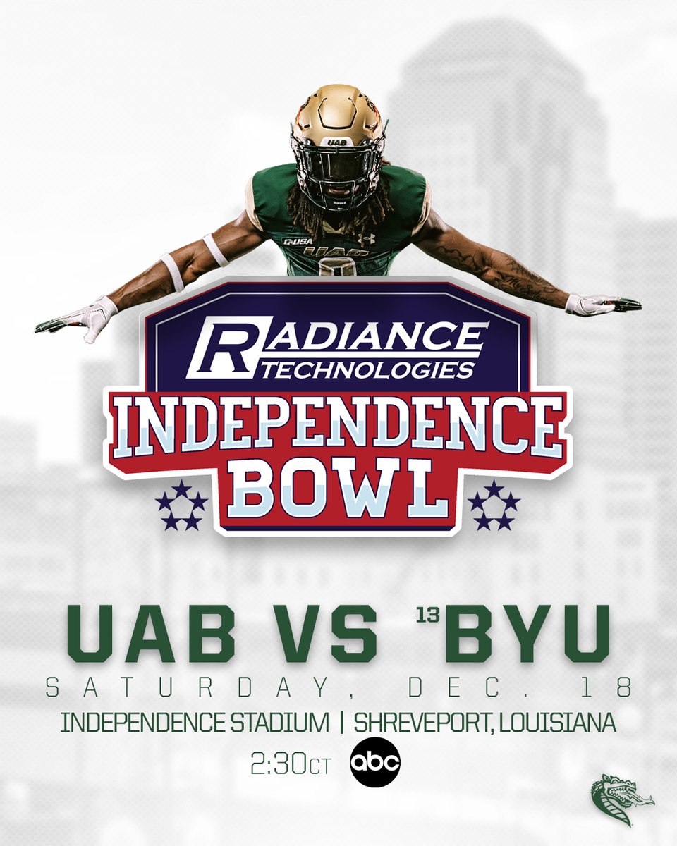UAB Football (@uab_fb) on Twitter photo UAB will face No. 13 BYU in the Radiance Technologies Independence Bowl on Dec. 18 at 2:30 p.m.‼️
🔗: bit.ly/UABIndependenc…
#WinAsOne UAB will face No. 13 BYU in the Radiance Technologies Independence Bowl on Dec. 18 at 2:30 p.m.‼️
🔗: bit.ly/UABIndependenc…
#WinAsOne