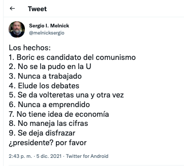 YZunigaAnazco's tweet photo. El único hecho objetivo que puede desprenderse de ese tuit es que el Sr. Melnick requiere aprender a conjugar el verbo haber. https://t.co/JrCWtU0YyO