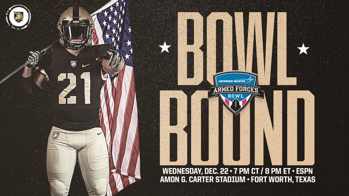 ArmyWP_Football's tweet photo. 🎳 WE'RE GOING BOWLING IN TEXAS 🎳

Honored to be back at the @ArmedForcesBowl!

#GoArmy | #LastoftheHard https://t.co/J9u97nns3U