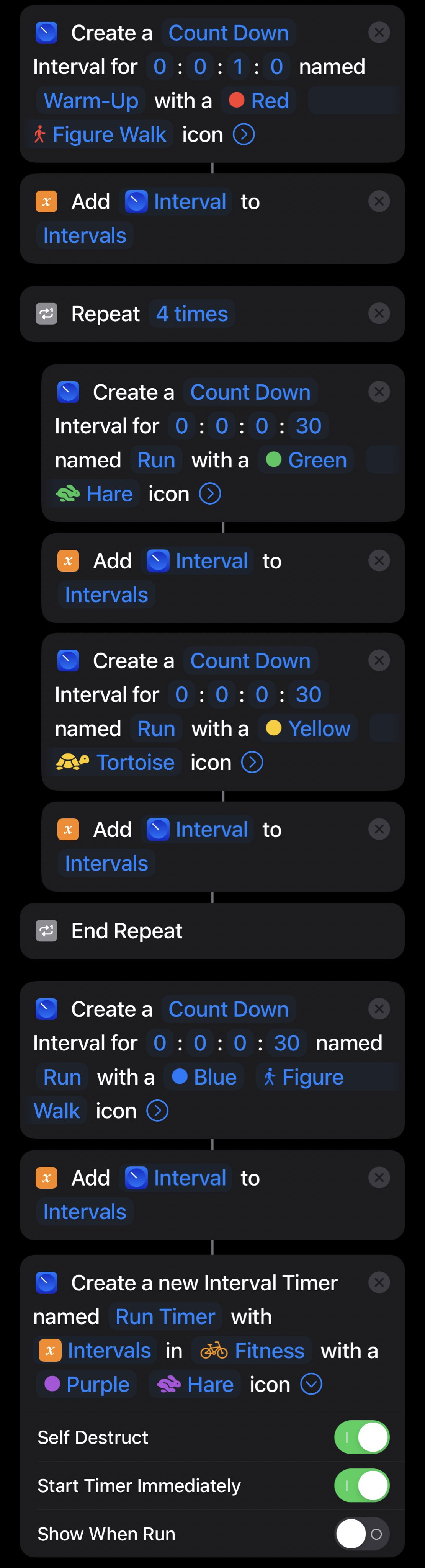 Timers on Twitter: "Start Run Shortcut More complex Interval Timer, add each interval to a variable and pass them into a New Interval Timer to create exercise routines (try randomizing it