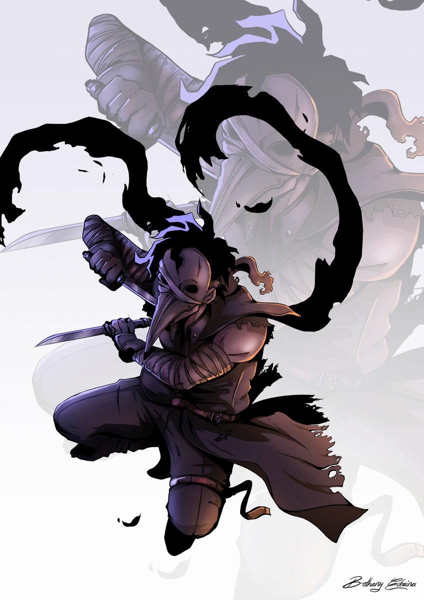 betneydraws's tweet photo. Another one from the @bnhaborne  zine last year! This was a fun prompt where me and Me and Vani (pariahpirate on ao3) worked together to make a crossover of Stain from My Hero Academia and Eileen the Crow from Bloodborne (also thank you @Anori for beautiful formatting!!!) https://t.co/h3H47D1GHi