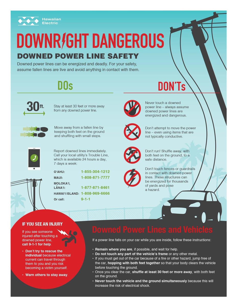 HIElectricLight's tweet photo. If you see a downed power line, remember to stay at least 30 feet or more away because it may be energized and deadly. Please see this infographic for more Dos and Don’ts regarding power line safety. https://t.co/YIbwSUI22P